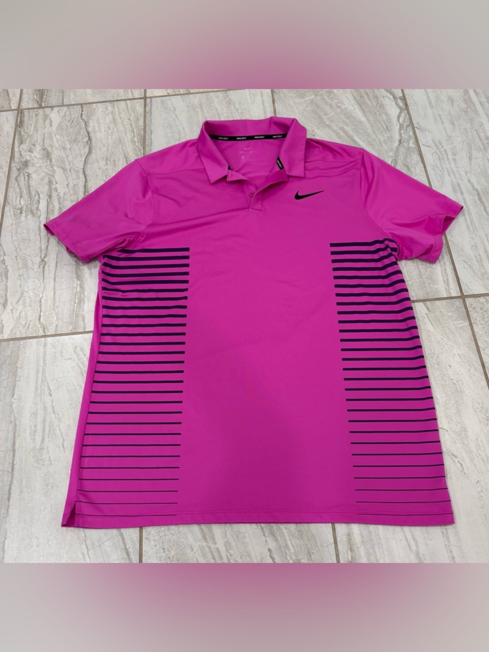Nike Golf XL Dri-Fit Dry Momentum Polo Shirt Pink Black Striped Patrick Reed